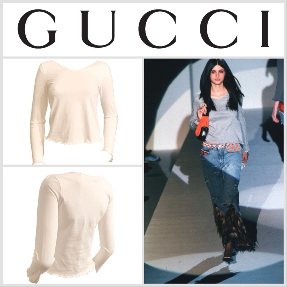 TOM FORD For GUCCI S/S 1999 Bright White Ruffle Blouse Tee Size 38 VINTAGE RARE